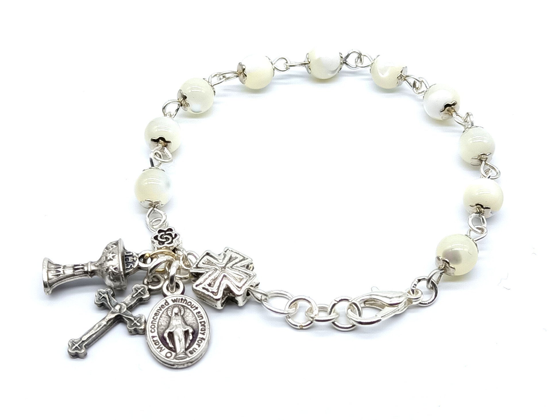 Mother of pearl unique rosary beads single decade bracelet with silver crucifix, chalice medal and miraculous medal.