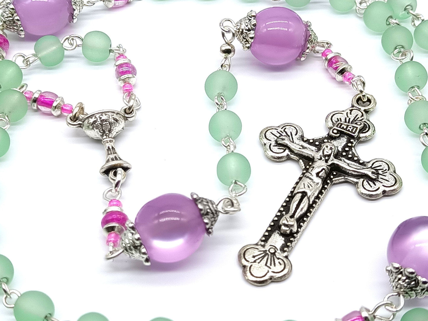 First Holy Communion unique rosary beads with green and purple glass beads, silver crucifix and chalice centre medal.