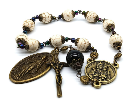 Year of Saint Joseph unique rosary beads single decade with gemstone beads, bronze crucifix, miraculous medal and St. Joseph medal.