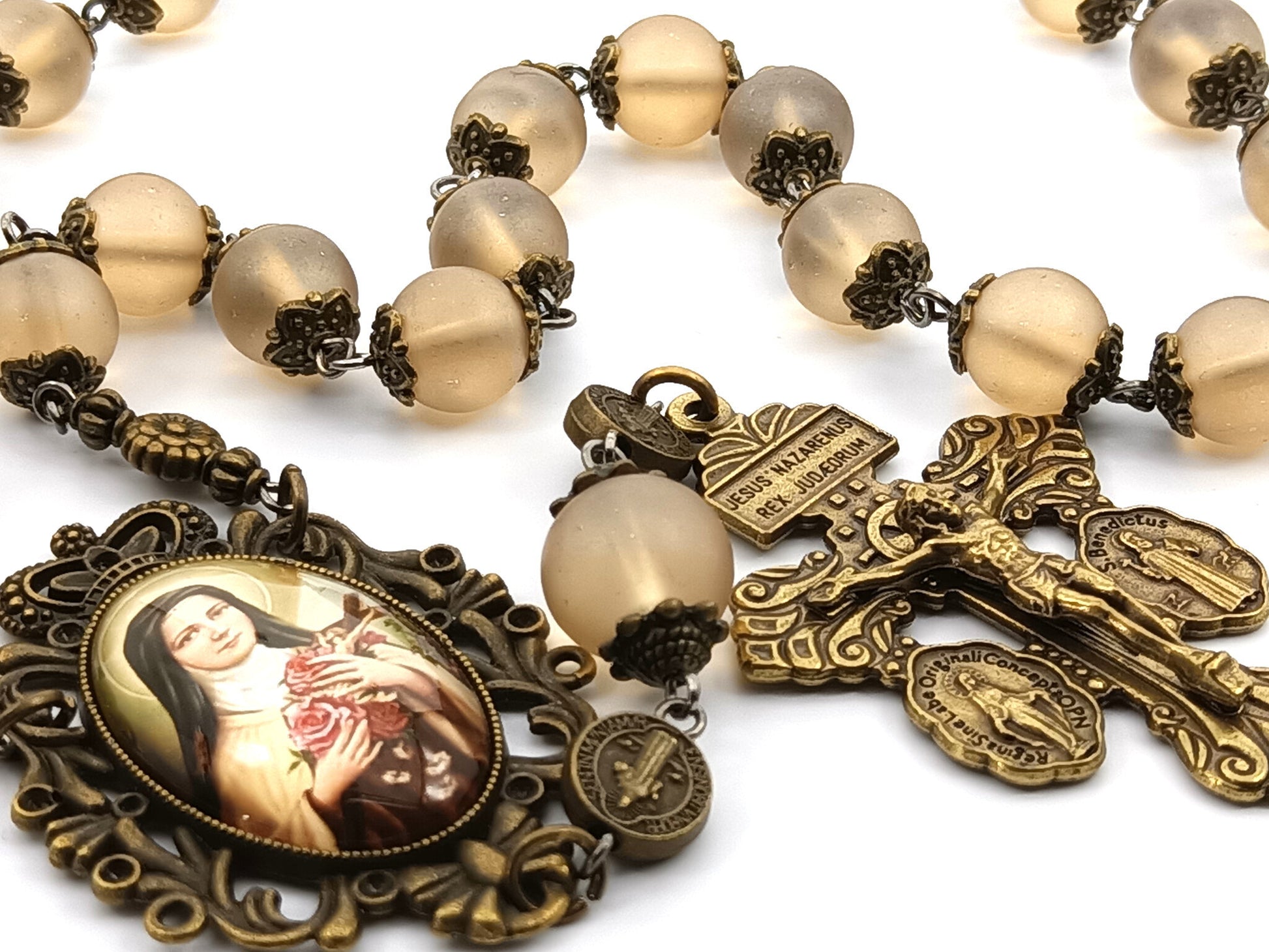 Saint Therese unique rosary beads prayer chaplet with glass beads, bronze Pardon crucifix and centre picture medal.