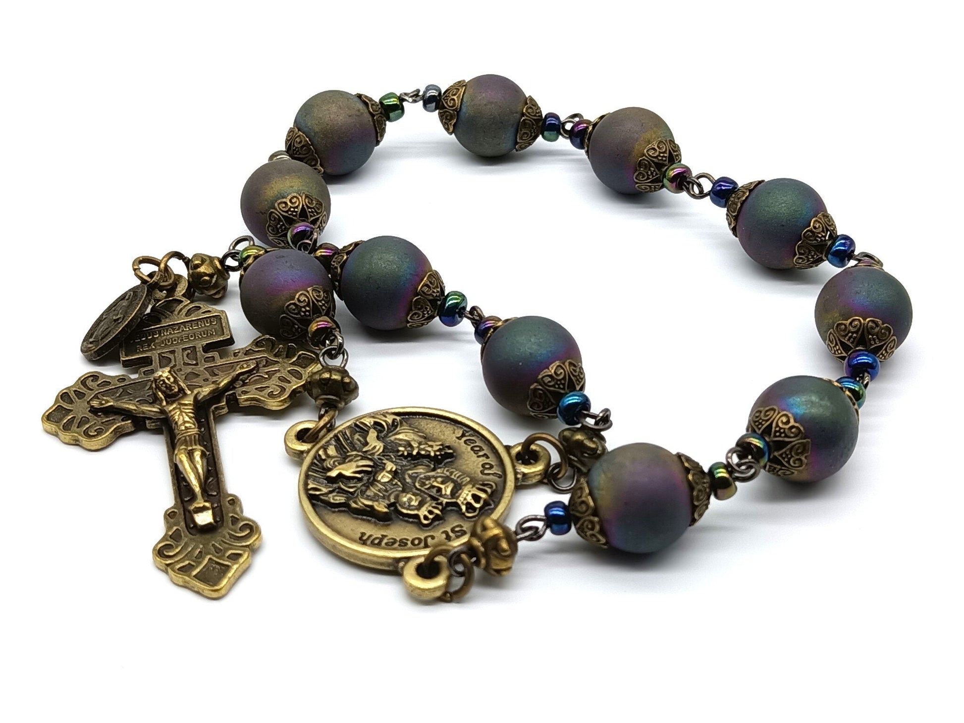 Year of Saint Joseph unique rosary beads single decade with petrol coloured hematite gemstone beads, bronze Pardon crucifix and St. Joseph medal.