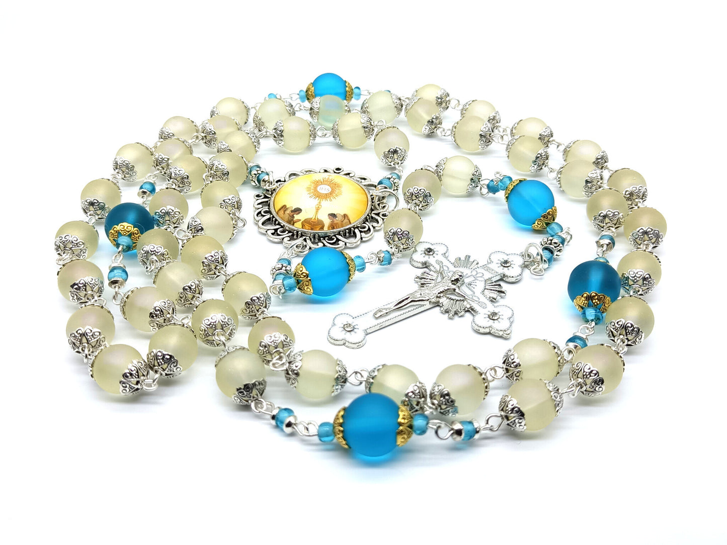 Confirmation unique rosary beads with frosted off white and blue glass beads, silver and white enamel crucifix and picture centre medal.