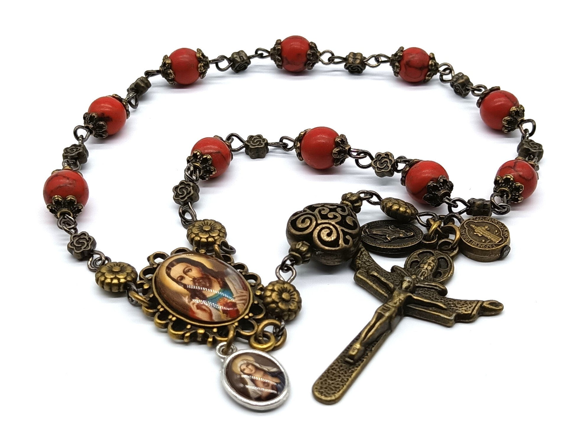 Sacred Heart unique rosary beads single decade with howlite gemstone beads, bronze Holy Trinity crucifix, bead caps and picture centre medal.