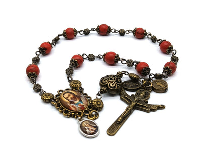 Sacred Heart unique rosary beads single decade with howlite gemstone beads, bronze Holy Trinity crucifix, bead caps and picture centre medal.