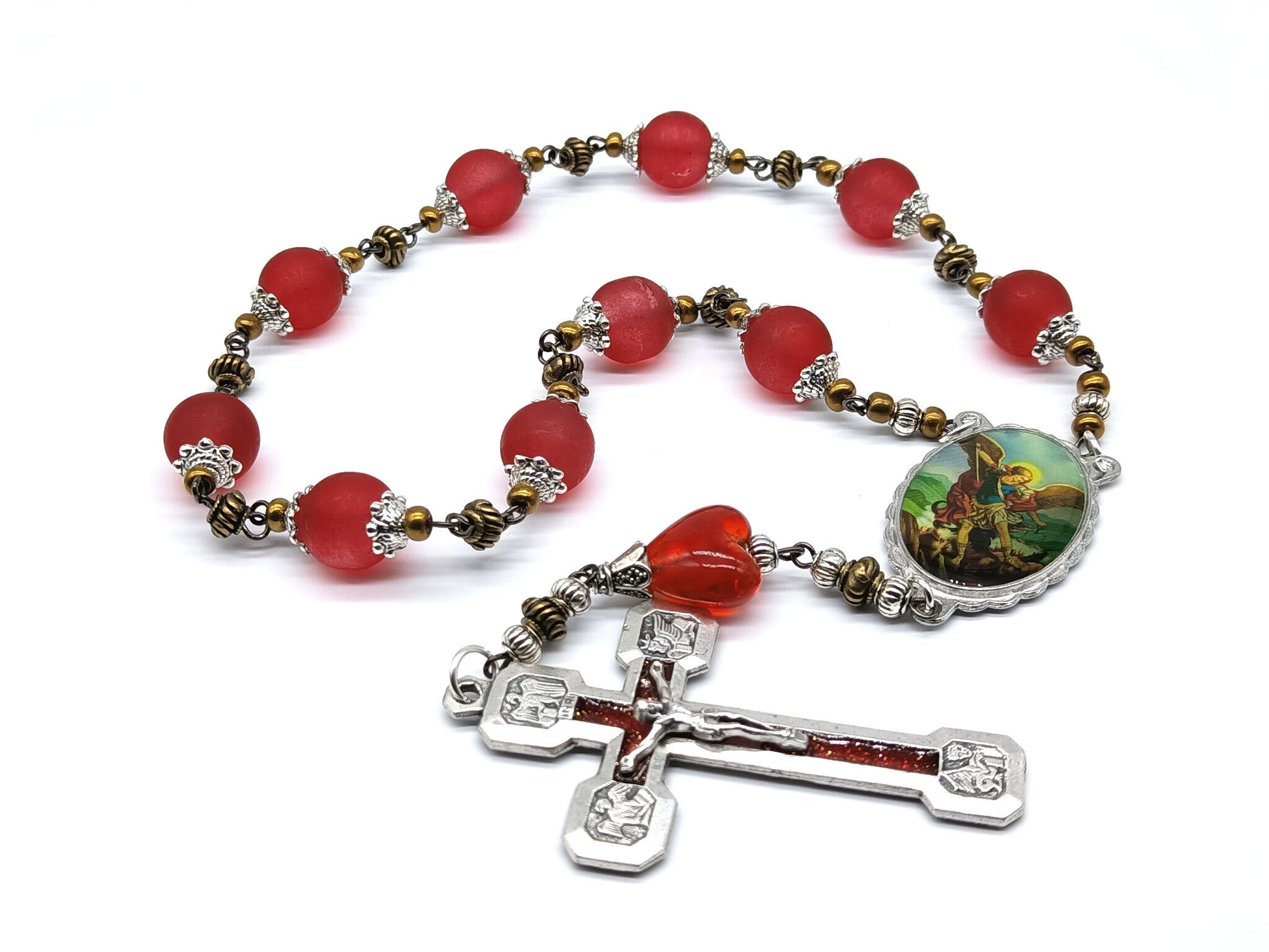 Saint Michael unique rosary beads single decade, with red glass beads, silver and red enamel way of the cross crucifix and picture centre medal.