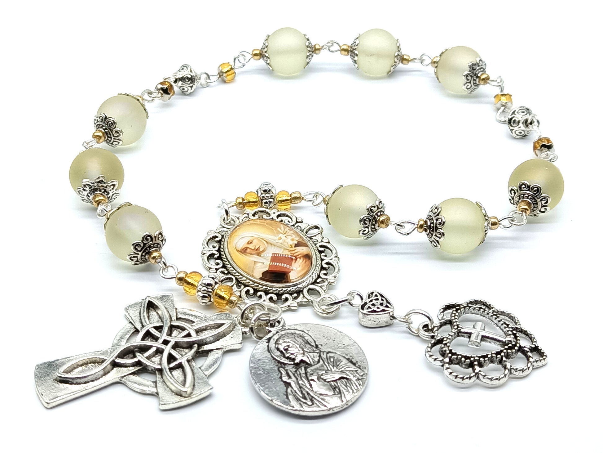 Saint Catherine of Siena unique rosary beads prayer chaplet with frosted glass beads, silver Celtic cross, picture centre medal and silver bead caps and accessories.