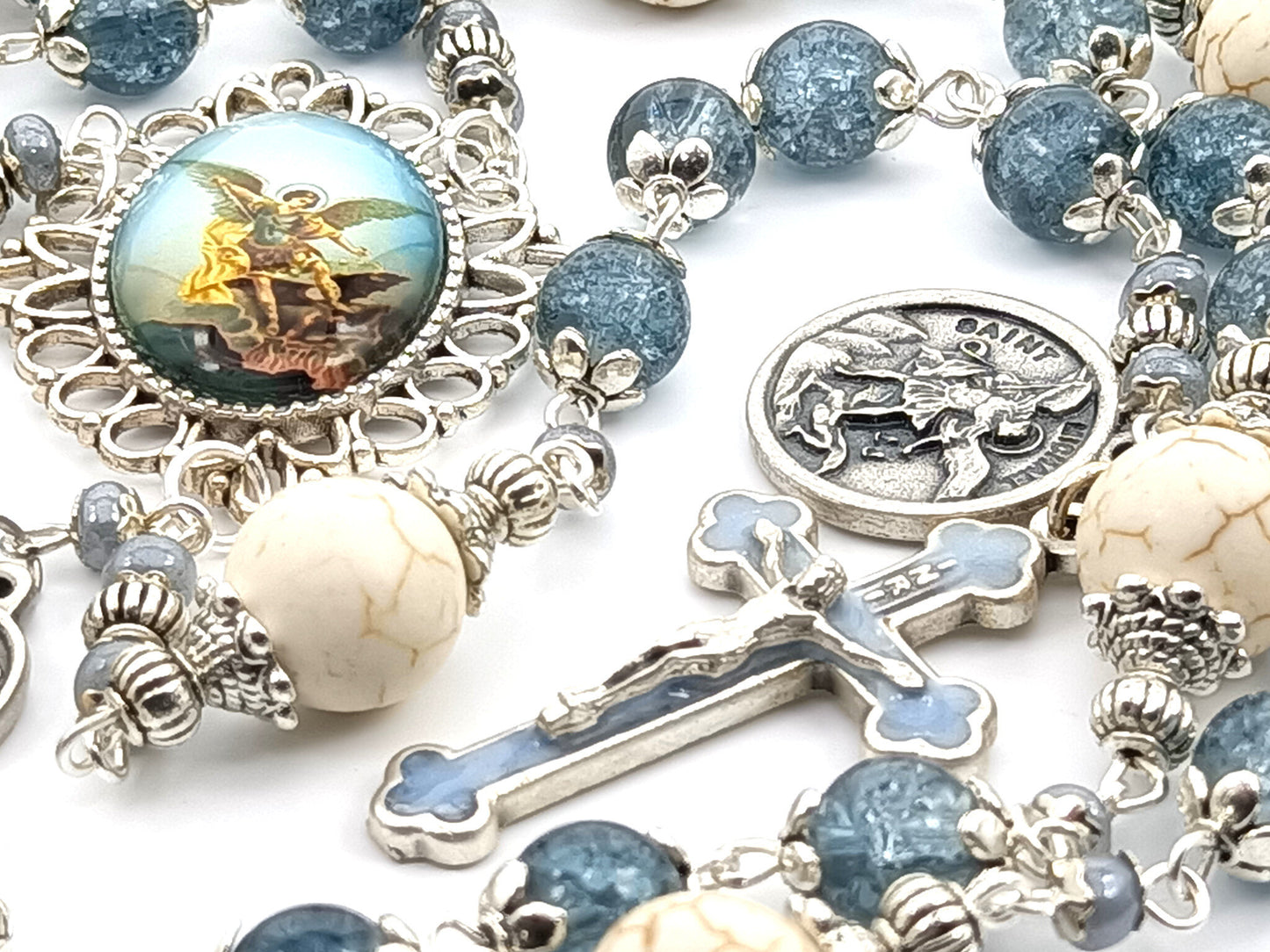 Saint Michael unique rosary beads prayer chaplet with blue glass and cream gemstone beads, silver and blue enamel crucifix, Saint Michael picture medal and silver bead caps.