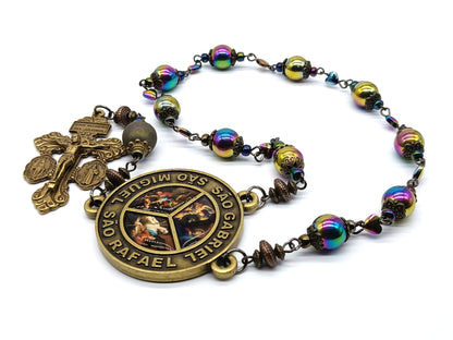 Arch Angels unique rosary beads single decade with petrol hematite beads, bronze pardon crucifix and picture centre medal.