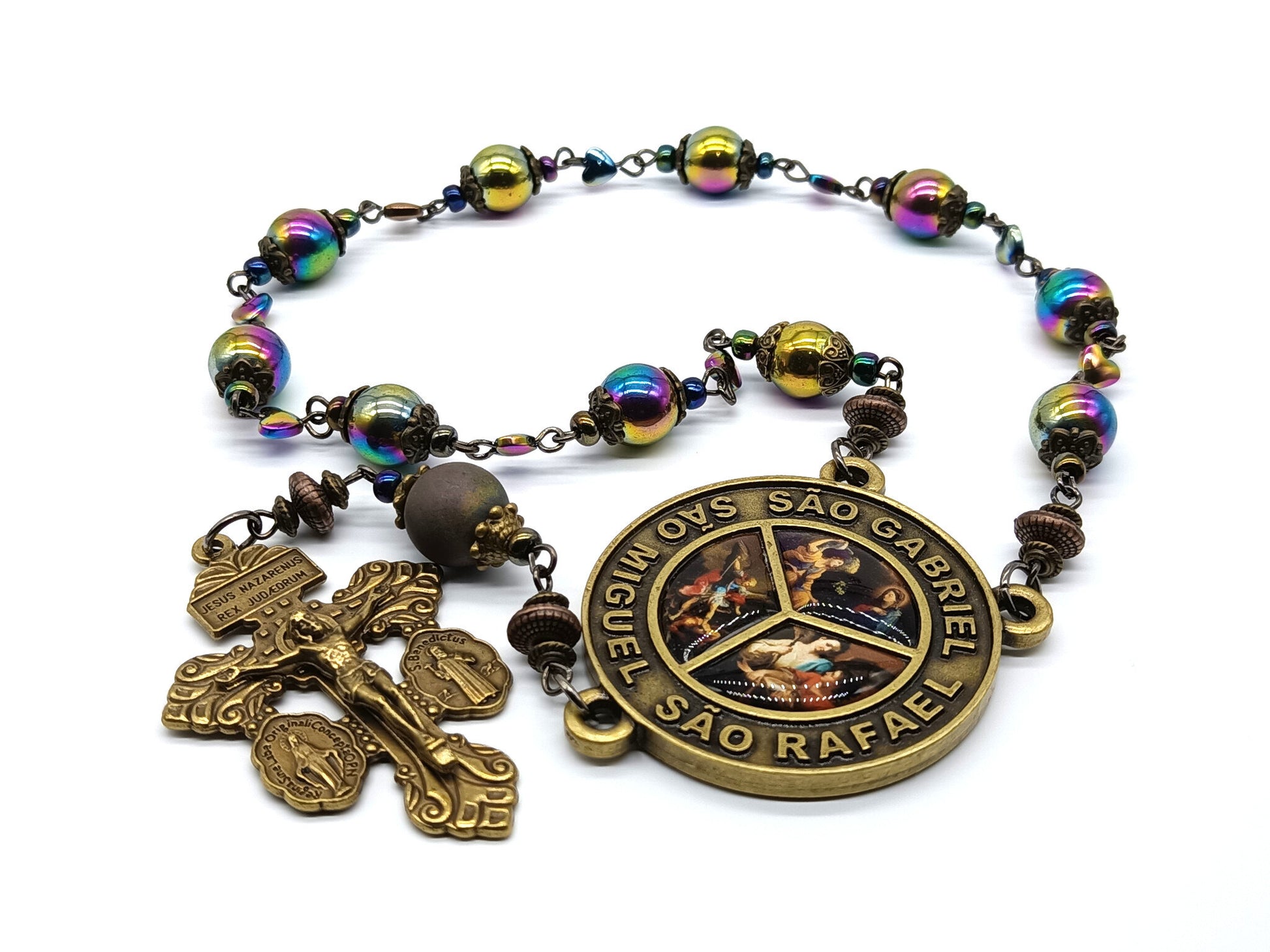 Arch Angels unique rosary beads single decade with petrol hematite beads, bronze pardon crucifix and picture centre medal.