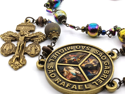 Arch Angels unique rosary beads single decade with petrol hematite beads, bronze pardon crucifix and picture centre medal.