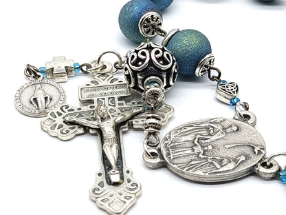 Three Heart of Jesus, Mary and Joseph unique rosary beads single decade with silver pardon crucifix, pater bead, centre medal and blue textured beads.