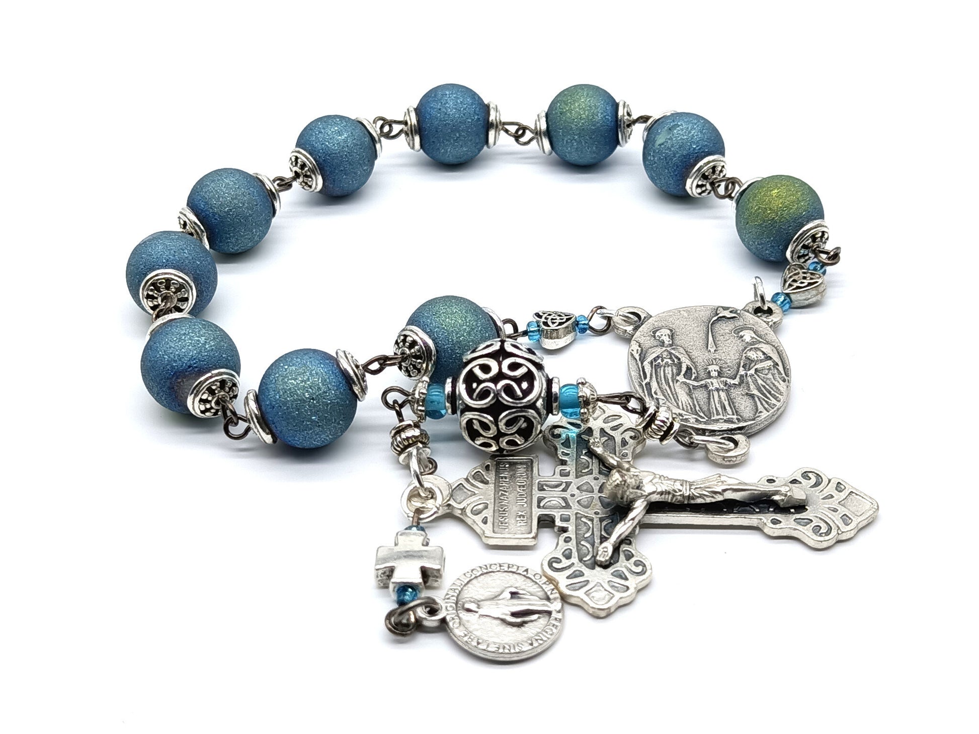 Three Heart of Jesus, Mary and Joseph unique rosary beads single decade with silver pardon crucifix, pater bead, centre medal and blue textured beads.