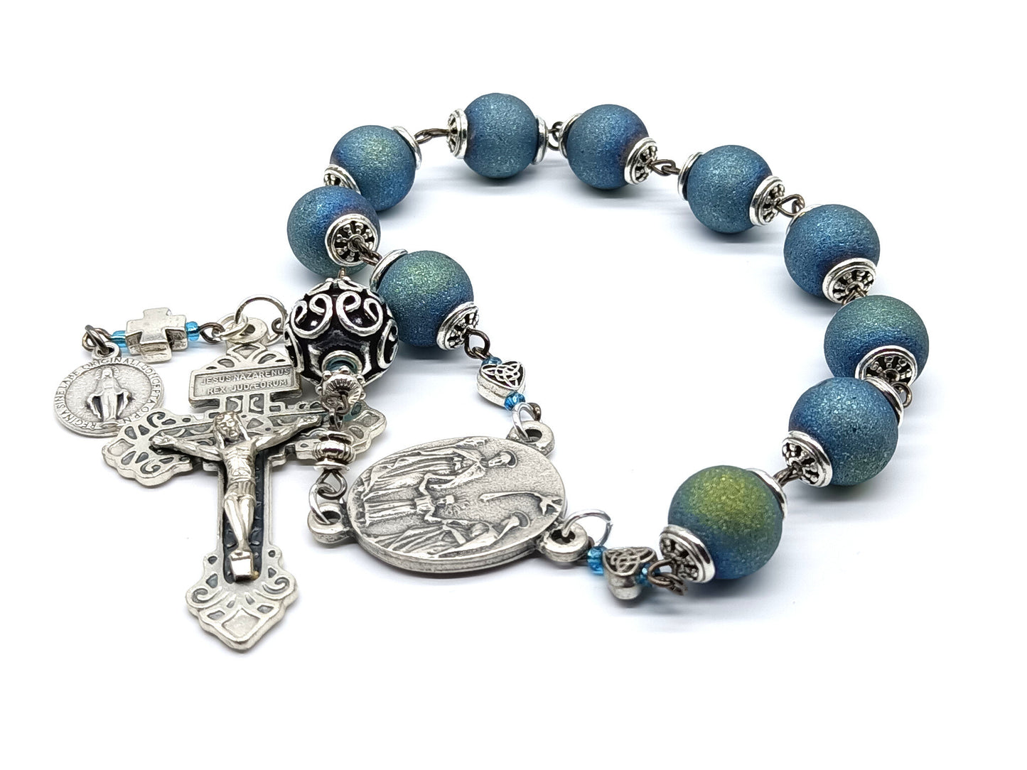 Three Heart of Jesus, Mary and Joseph unique rosary beads single decade with silver pardon crucifix, pater bead, centre medal and blue textured beads.