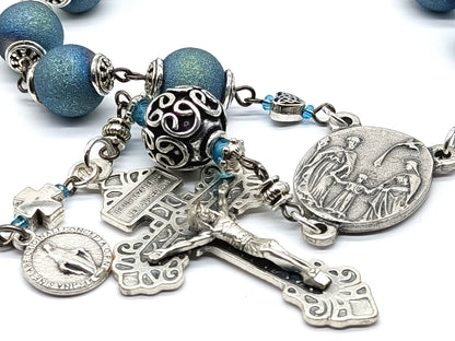 Three Heart of Jesus, Mary and Joseph unique rosary beads single decade with silver pardon crucifix, pater bead, centre medal and blue textured beads.