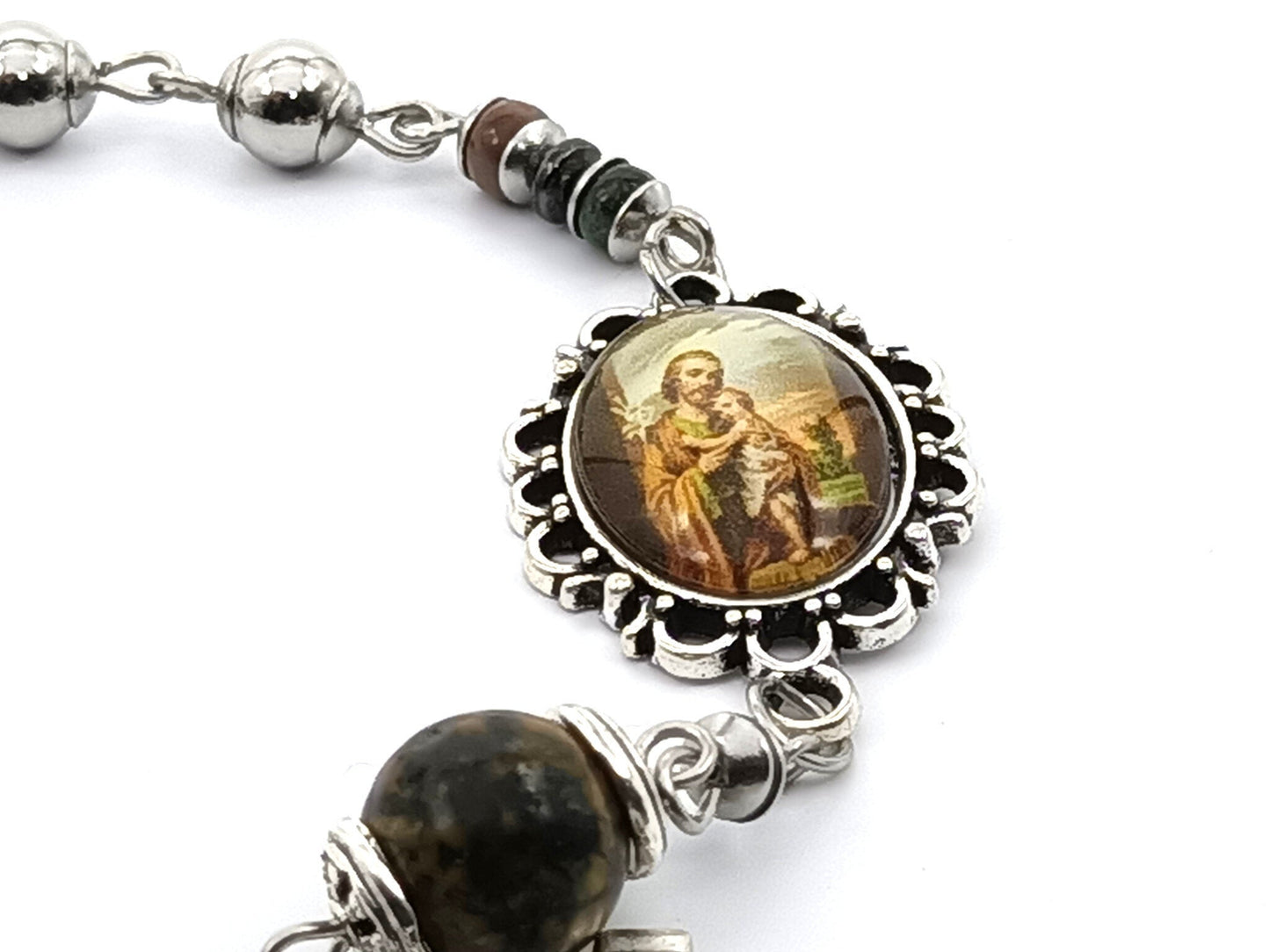 Saint Joseph unique rosary beads single decade with stainless steel beads, silver crucifix and St. Joseph picture medal.