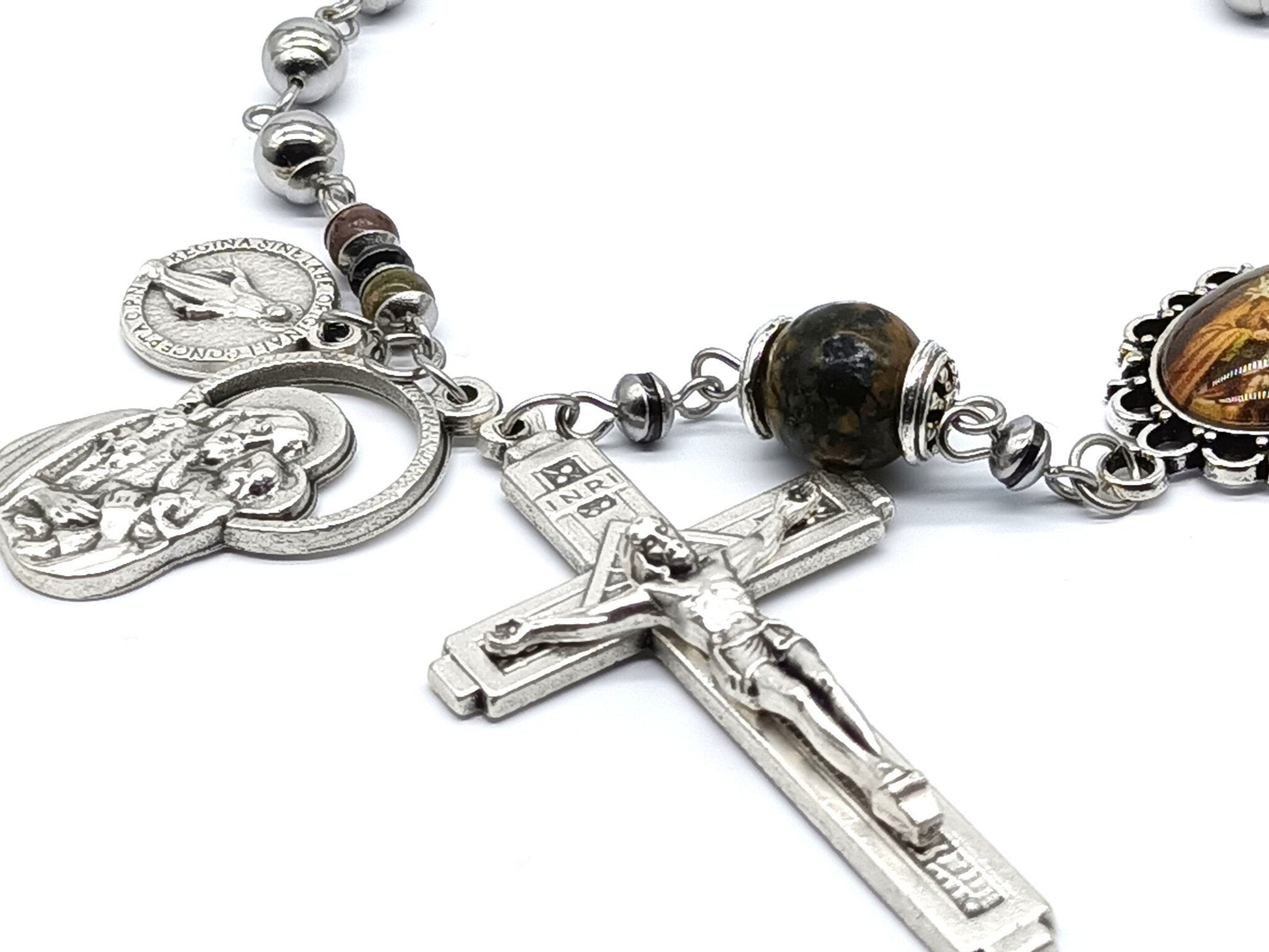 Saint Joseph unique rosary beads single decade with stainless steel beads, silver crucifix and St. Joseph picture medal.