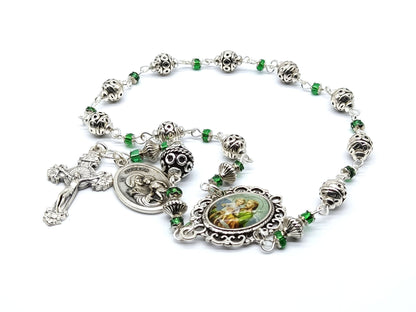 Saint Joseph unique rosary beads single decade with silver and green glass beads, silver crucifix and St. Joseph picture centre medal.