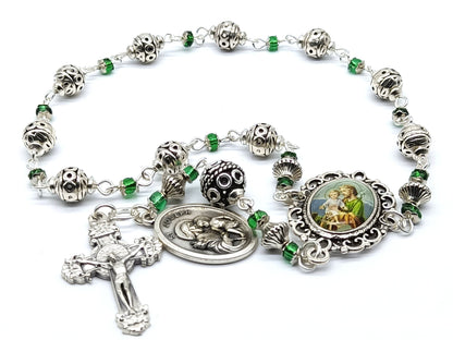 Saint Joseph unique rosary beads single decade with silver and green glass beads, silver crucifix and St. Joseph picture centre medal.