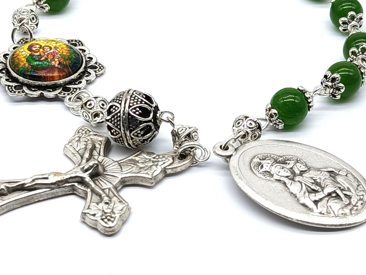 Saint Joseph unique rosary beads single decade with green gemstone beads, silver crucifix, St. Joseph picture medal and Our Lady of Mount Carmel medal.