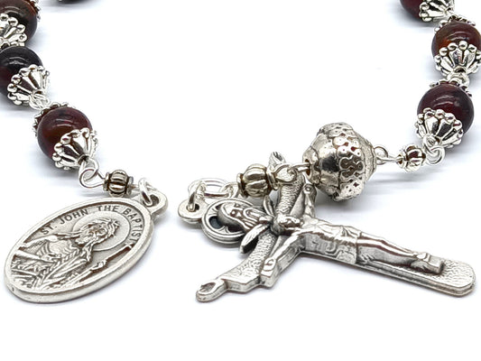 Saint John the Baptist unique rosary beads single decade with bloodstone gemstone beads, silver Trinity crucifix and St. John the Baptist medal.