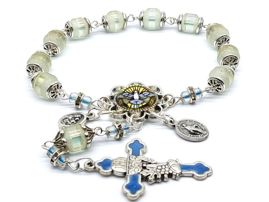 Holy Spirit unique rosary beads single decade with frosted glass beads, silver and blue enamel crucifix, silver Holy Spirit picture centre medal and small miraculous medal.