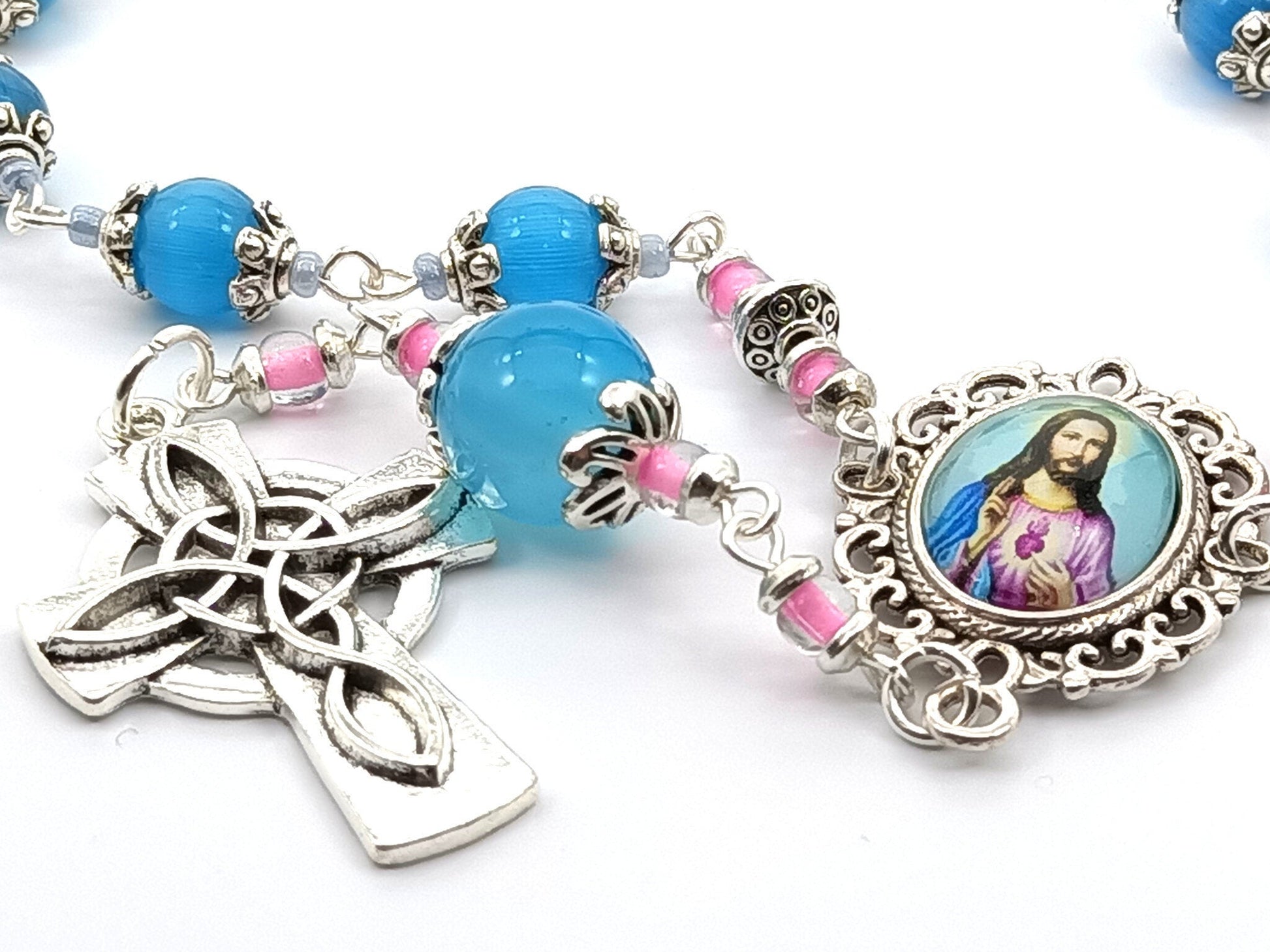 Sacred Heart unique rosary beads single decade with blue cats eyes glass beads and silver Celtic cross.