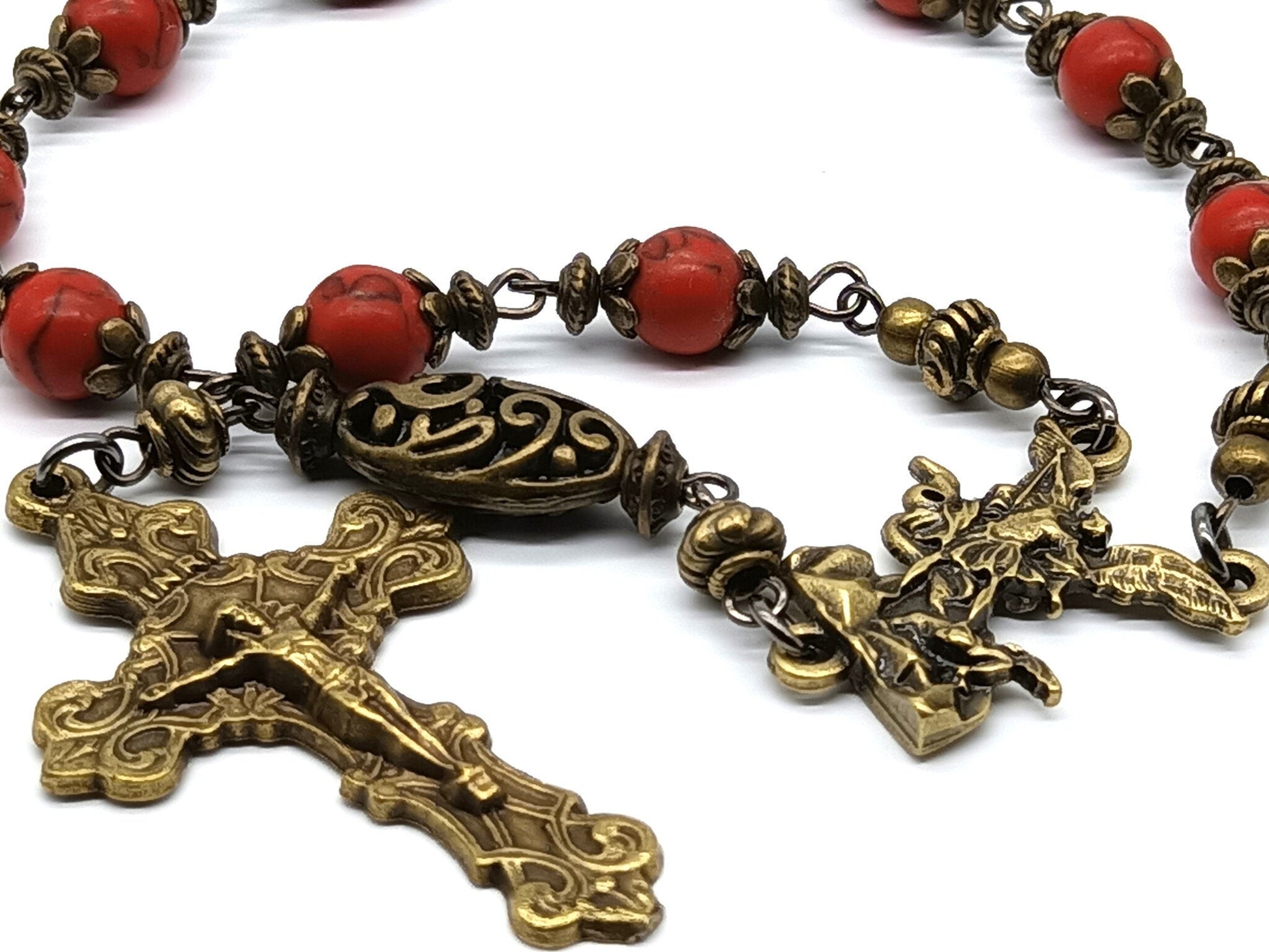 Saint Michael unique rosary beads single decade with bloodstone gemstone beads, bronze crucifix, St. Michael centre medal and bead caps.