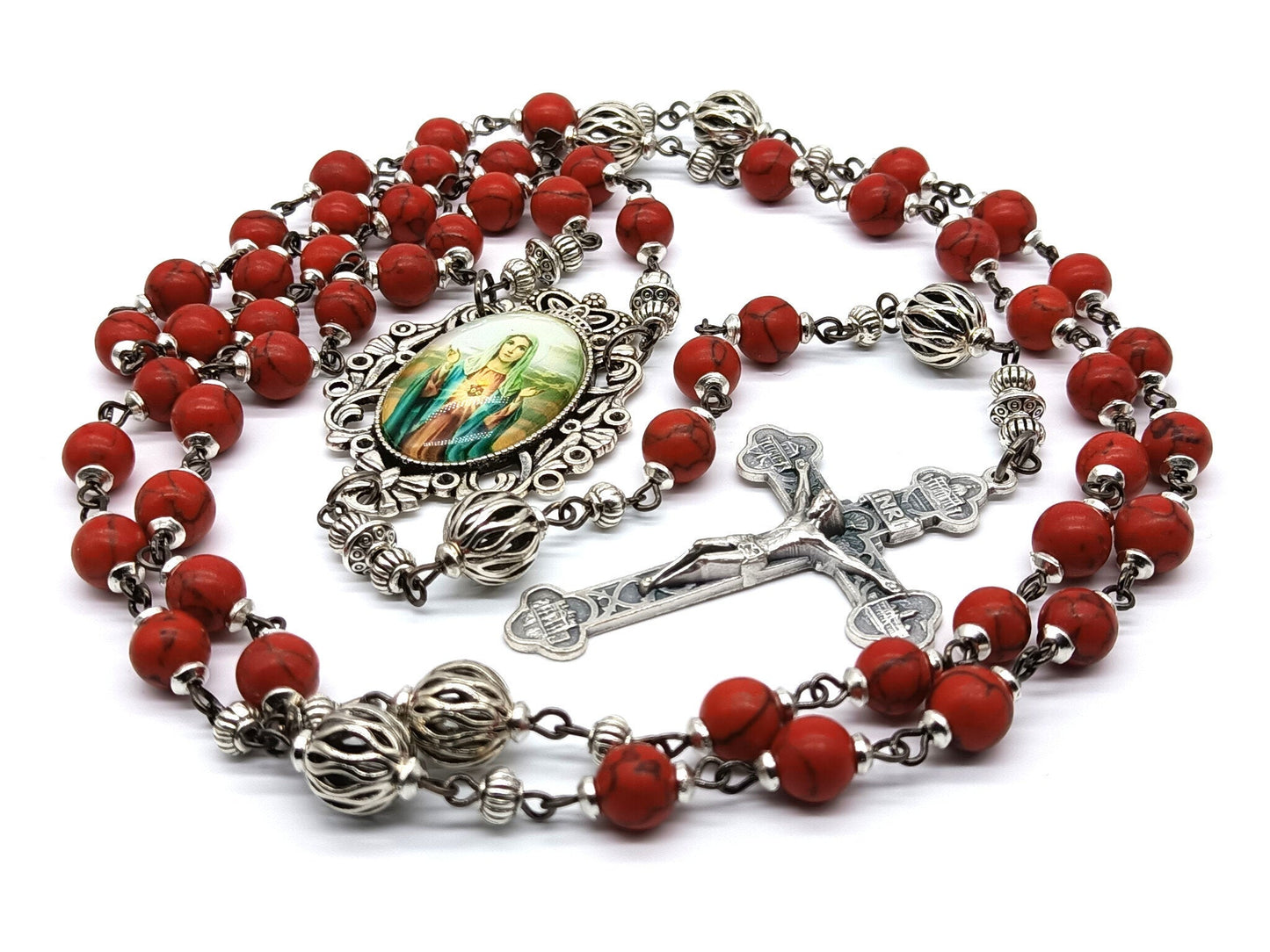 Immaculate Heart unique rosary beads with red gemstone beads, silver lattice pater beads, Four Basilicas crucifix and Our Lady picture centre medal.
