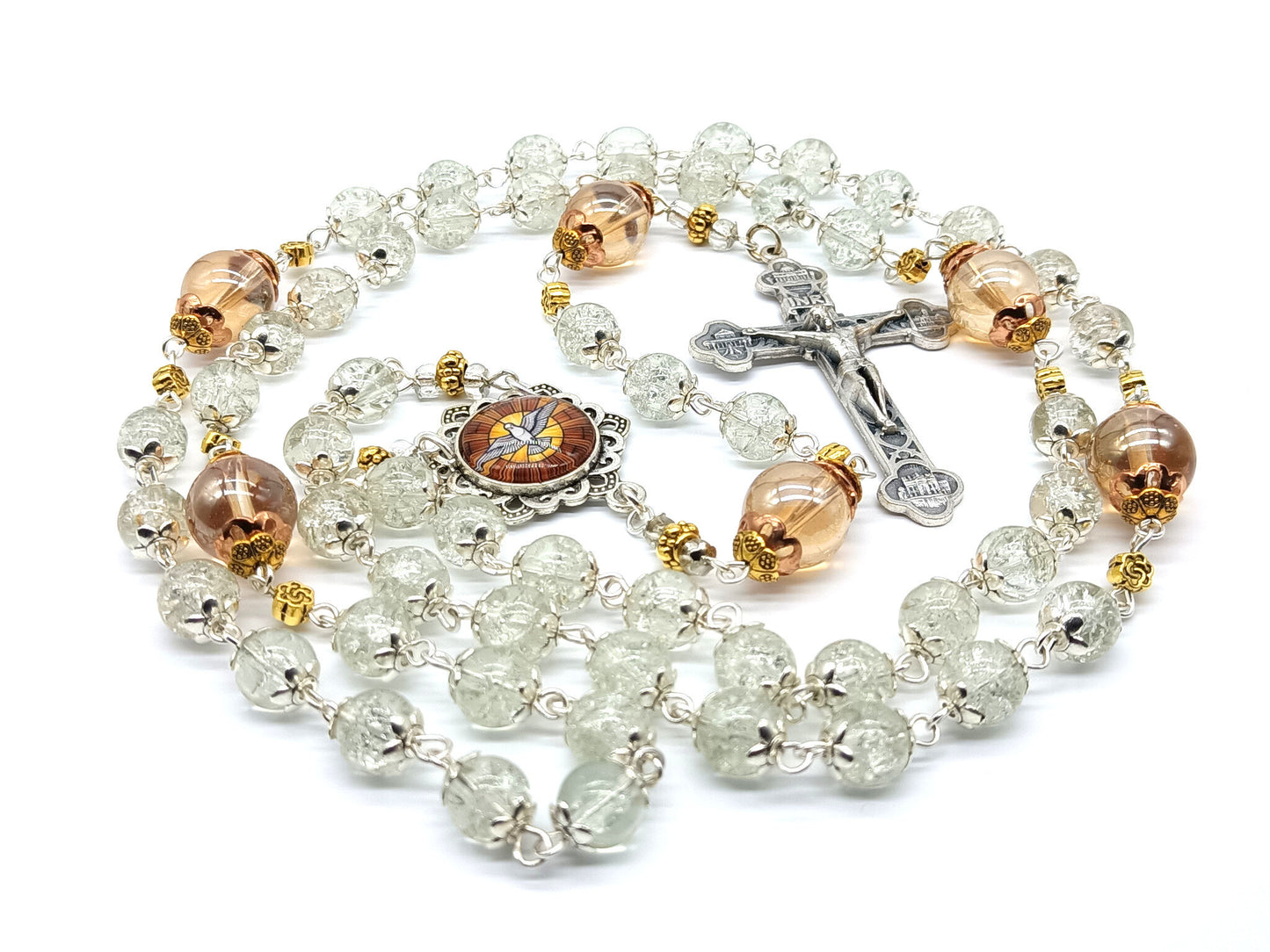 Confirmation unique rosary beads with clear and copper glass beads, Four Basilicas crucifix and silver picture Holy Spirit centre medal.