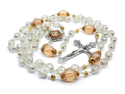 Confirmation unique rosary beads with clear and copper glass beads, Four Basilicas crucifix and silver picture Holy Spirit centre medal.