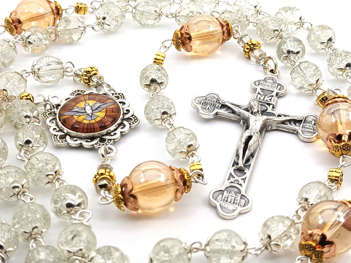 Confirmation unique rosary beads with clear and copper glass beads, Four Basilicas crucifix and silver picture Holy Spirit centre medal.