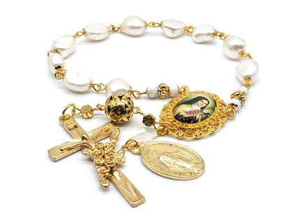 Genuine pearl unique rosary beads single decade with gold crucifix, miraculous medal and Saint Therese of Lisieux picture medal.