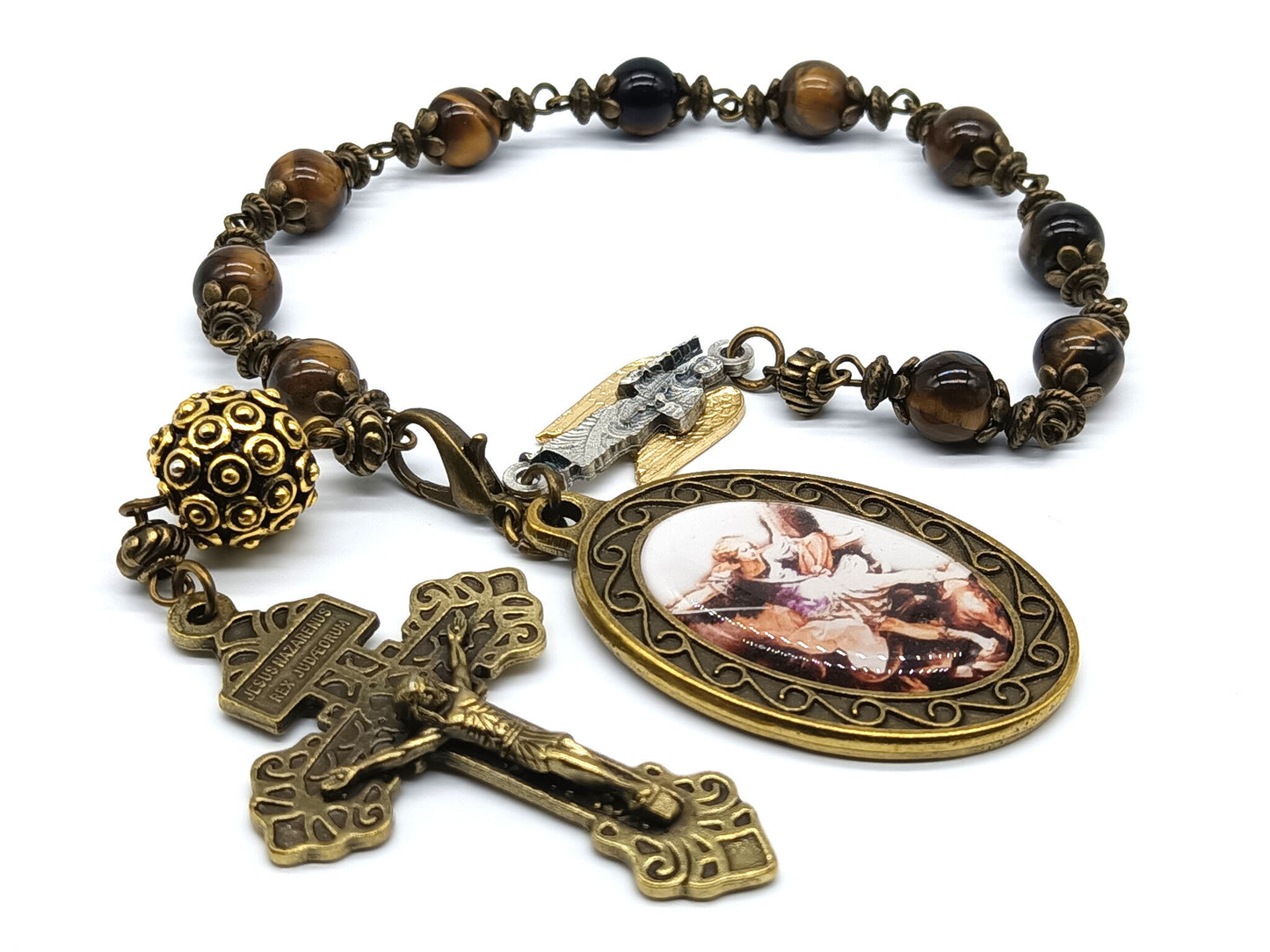 Saint Michael unique rosary beads single decade with tigers eye gemstone beads, bronze pardon crucifix, St. Michael picture medal, lobster clasp and gold pater bead.
