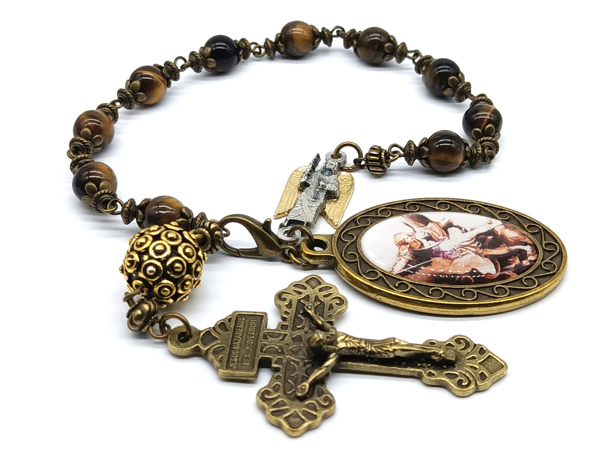 Saint Michael unique rosary beads single decade with tigers eye gemstone beads, bronze pardon crucifix, St. Michael picture medal, lobster clasp and gold pater bead.