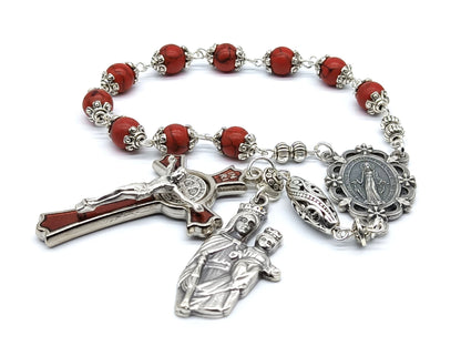 Miraculous medal unique rosary beads single decade with red gemstone beads, silver and red enamel crucifix, silver medals, bead caps and pater bead.