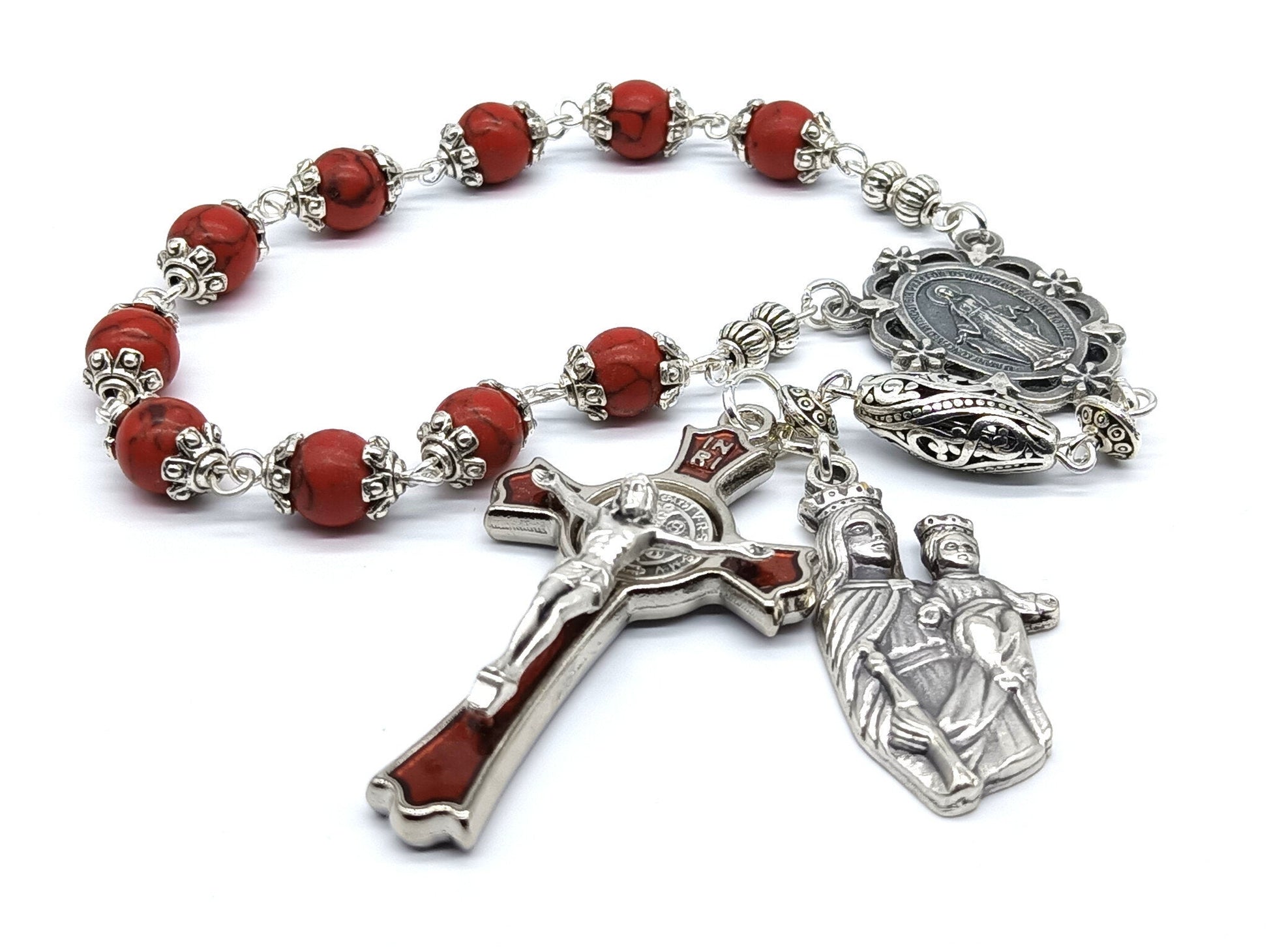 Miraculous medal unique rosary beads single decade with red gemstone beads, silver and red enamel crucifix, silver medals, bead caps and pater bead.