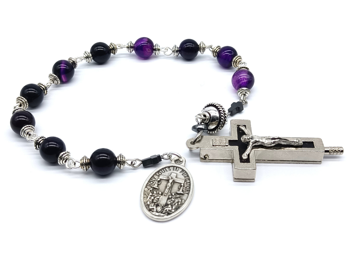 Holy Souls unique rosary beads single decade with purple agate gemstone beads, relic holder crucifix, silver pater bead and medal.