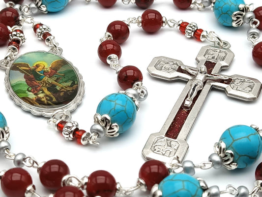 Saint Michael unique rosary beads prayer chaplet with red and turquoise gemstone beads, silver and red crucifix and silver picture centre medal.