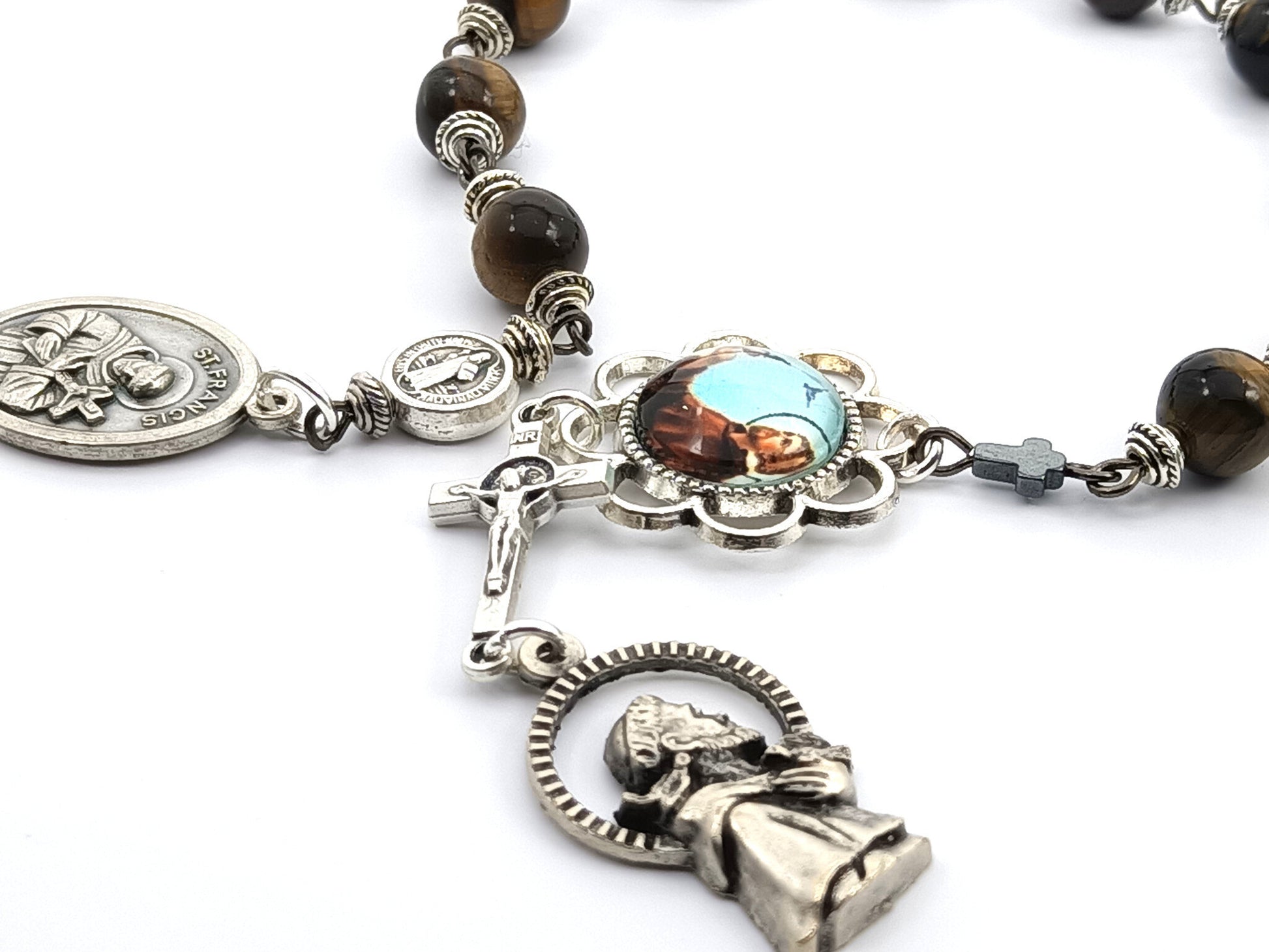 Saint Francis of Assisi unique rosary beads single decade with tigers eye gemstone beads, silver crucifix, medals and picture medal pater bead.