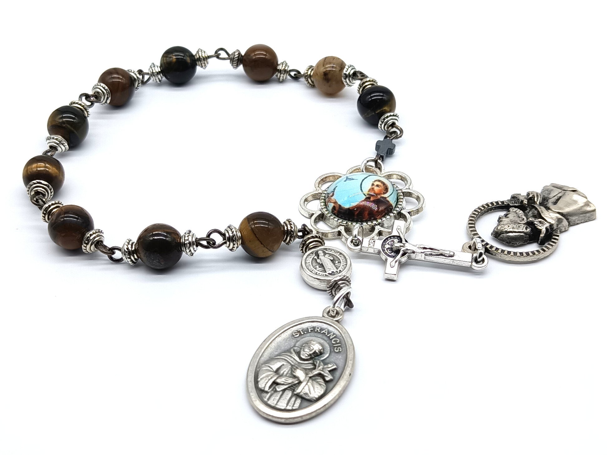 Saint Francis of Assisi unique rosary beads single decade with tigers eye gemstone beads, silver crucifix, medals and picture medal pater bead.