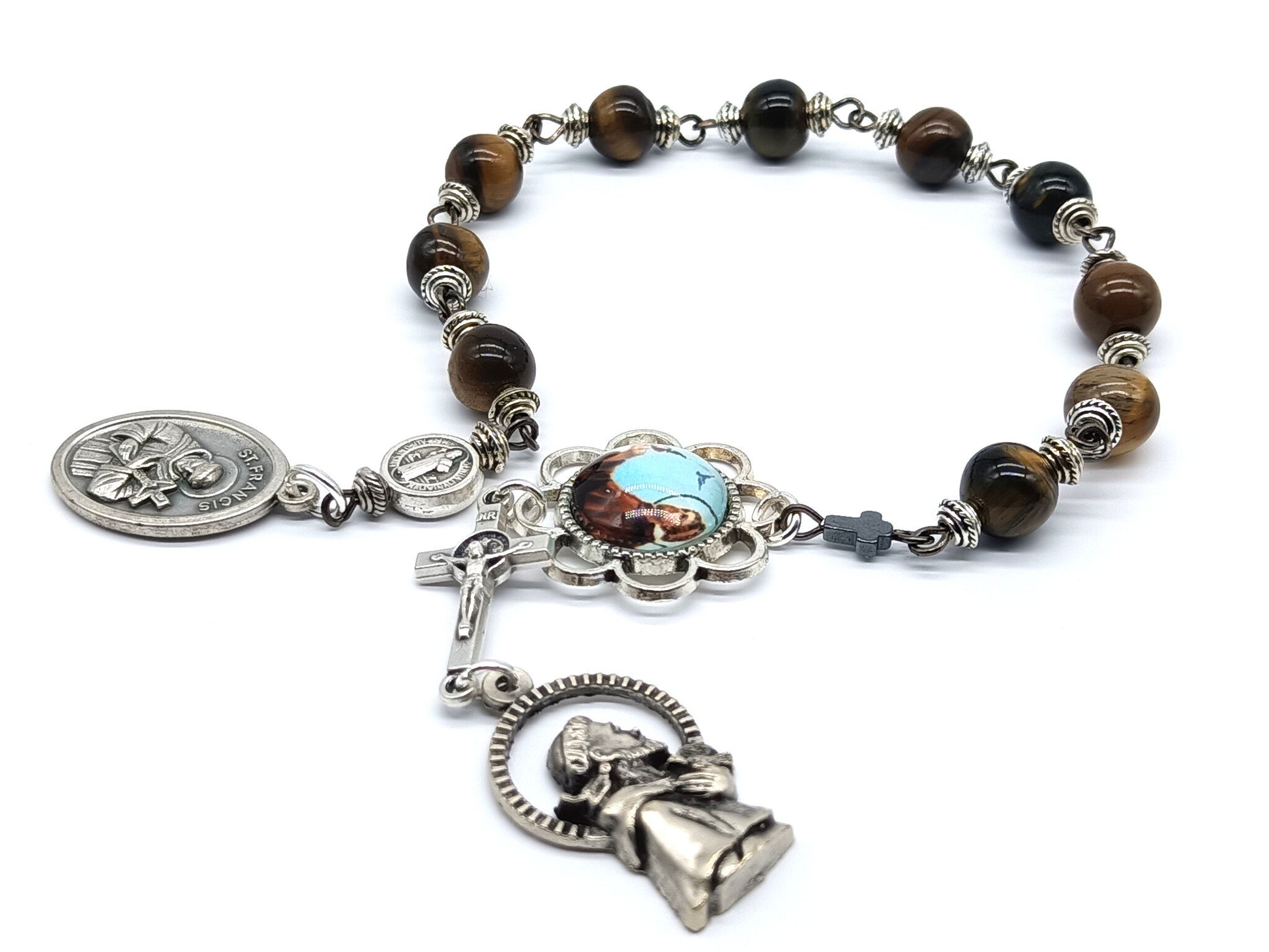 Saint Francis of Assisi unique rosary beads single decade with tigers eye gemstone beads, silver crucifix, medals and picture medal pater bead.