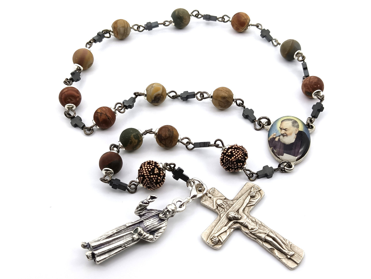 Saint Padre Pio unique rosary beads single decade rosary with gemstone and copper beads, silver Trinity crucifix and Padre Pio medal.