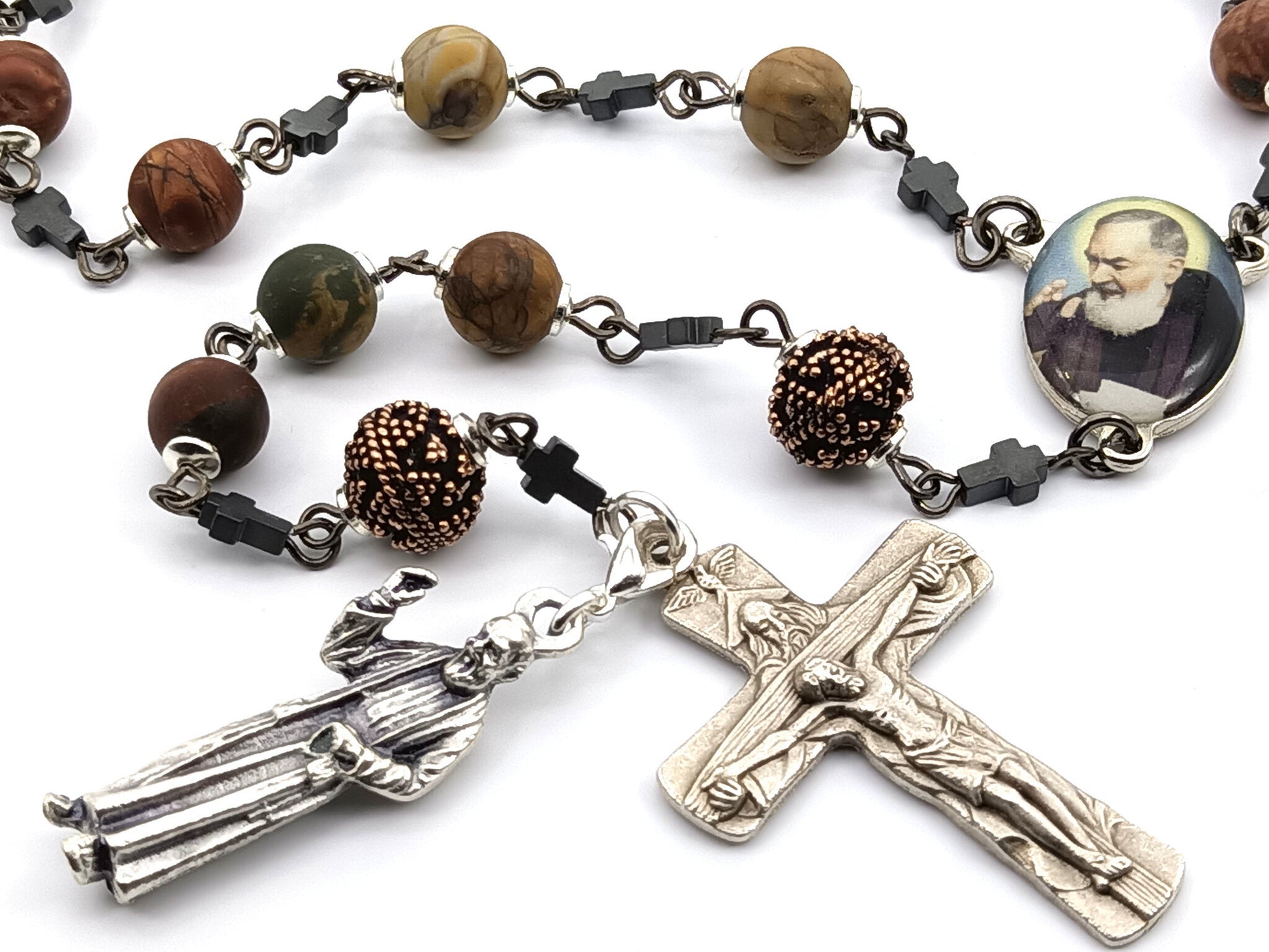 Saint Padre Pio unique rosary beads single decade rosary with gemstone and copper beads, silver Trinity crucifix and Padre Pio medal.