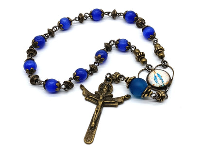 Our Lady of Grace unique rosary beads single decade with blue glass beads and bronze Trinity crucifix, picture medal and small beads.