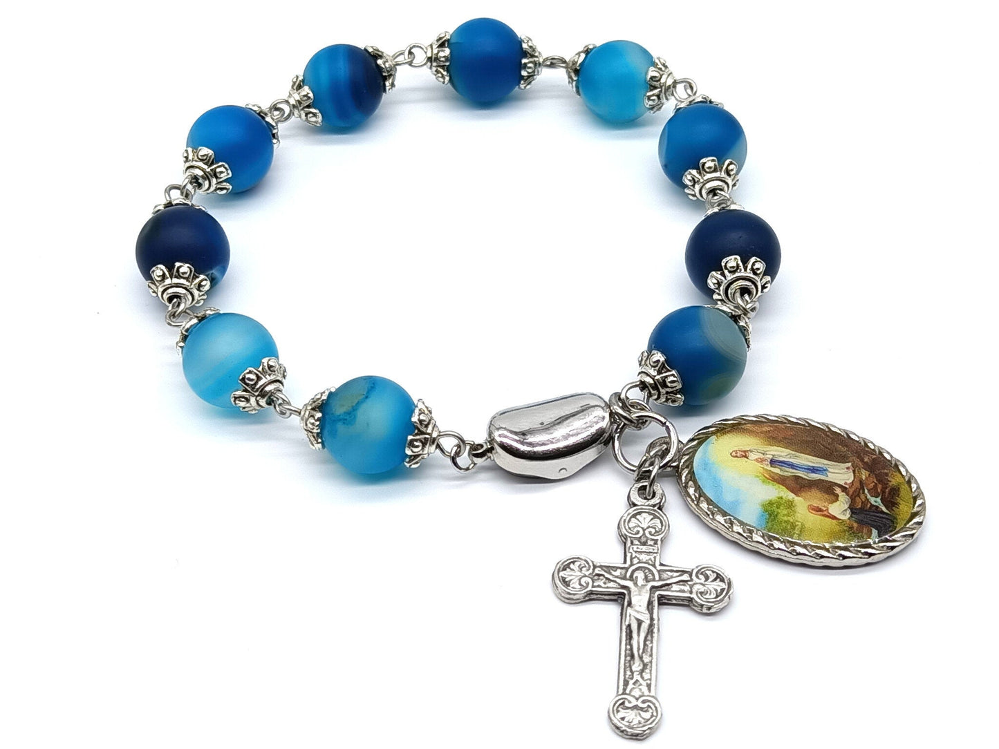 Our Lady of Lourdes unique rosary beads single decade bracelet with blue gemstone beads with silver crucifix, picture medal and 925 silver clasp.