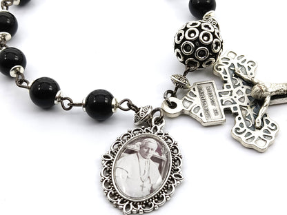 Saint Pius X unique rosary beads single decade rosary with onyx beads, silver Pardon crucifix, pater bead and picture medal.