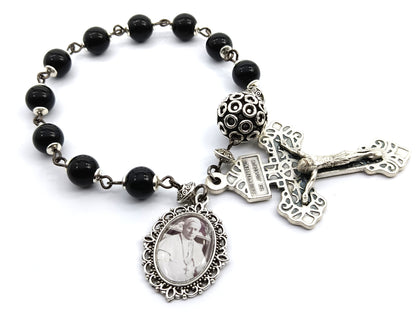 Saint Pius X unique rosary beads single decade rosary with onyx beads, silver Pardon crucifix, pater bead and picture medal.