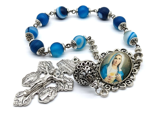 Immaculate Heart of Mary unique rosary beads single decade rosary with blue agate gemstone beads, silver Pardon crucifix, pater bead, bead caps and picture centre medal.