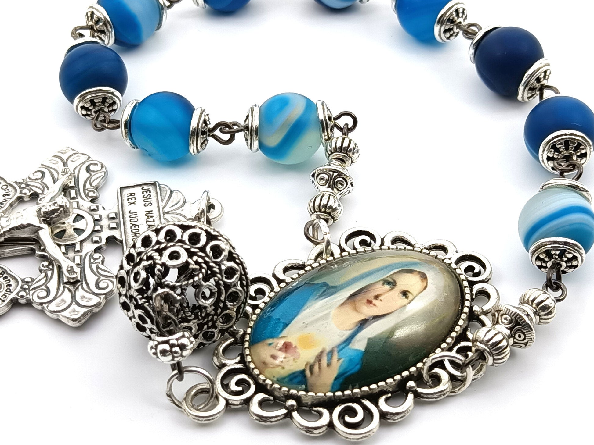Immaculate Heart of Mary unique rosary beads single decade rosary with blue agate gemstone beads, silver Pardon crucifix, pater bead, bead caps and picture centre medal.