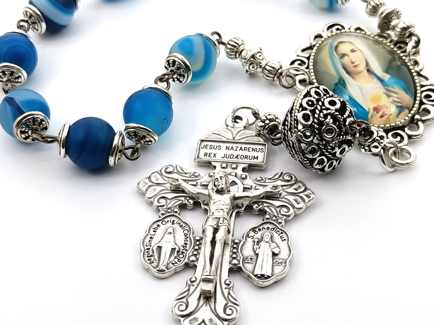 Immaculate Heart of Mary unique rosary beads single decade rosary with blue agate gemstone beads, silver Pardon crucifix, pater bead, bead caps and picture centre medal.